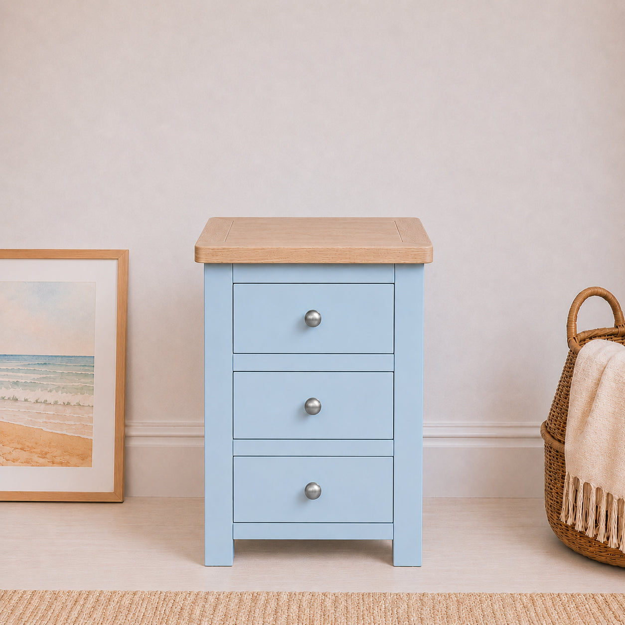 Manor Sky Blue 3 Drawer Bedside Table with Oak Top