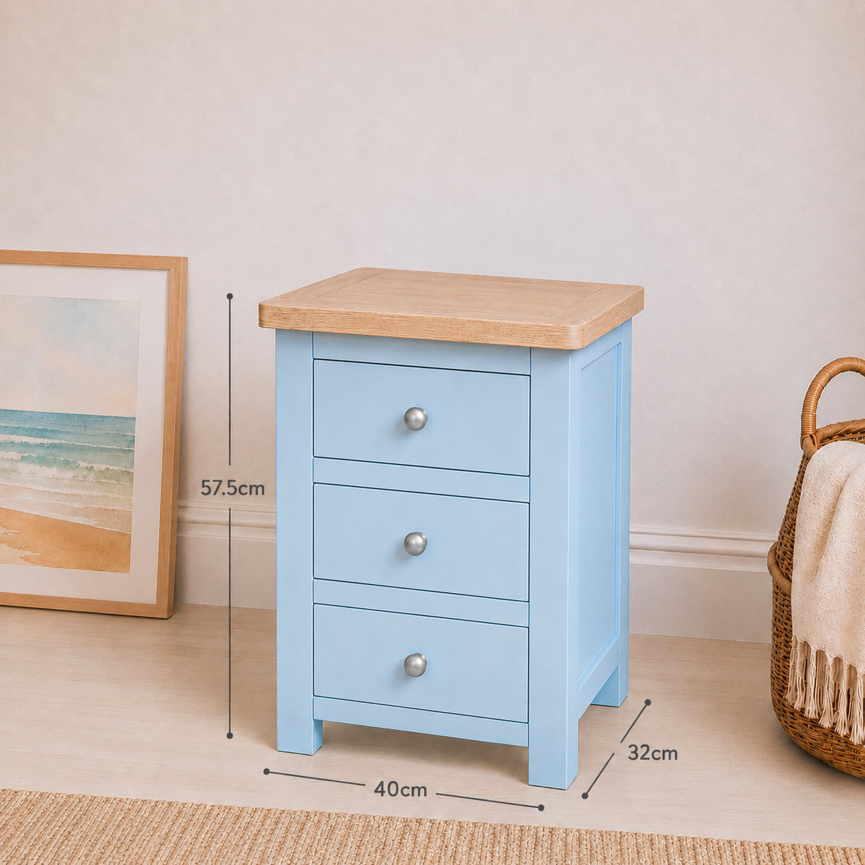 Manor Sky Blue 3 Drawer Bedside Table with Oak Top