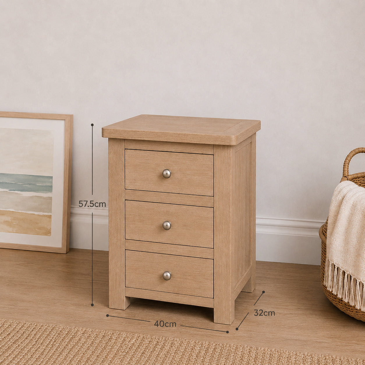 Manor White Washed Oak 3 Drawer Bedside Table