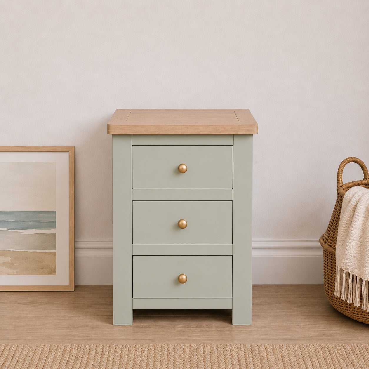 Manor Pale Green 3 Drawer Bedside Table with Oak Top