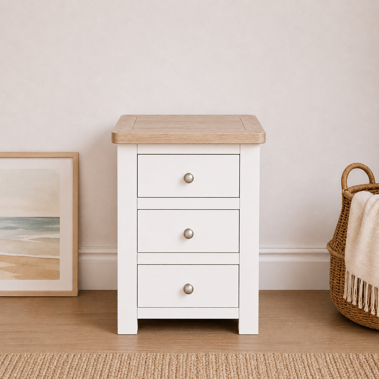 Manor White 3 Drawer Bedside Table with Oak Top