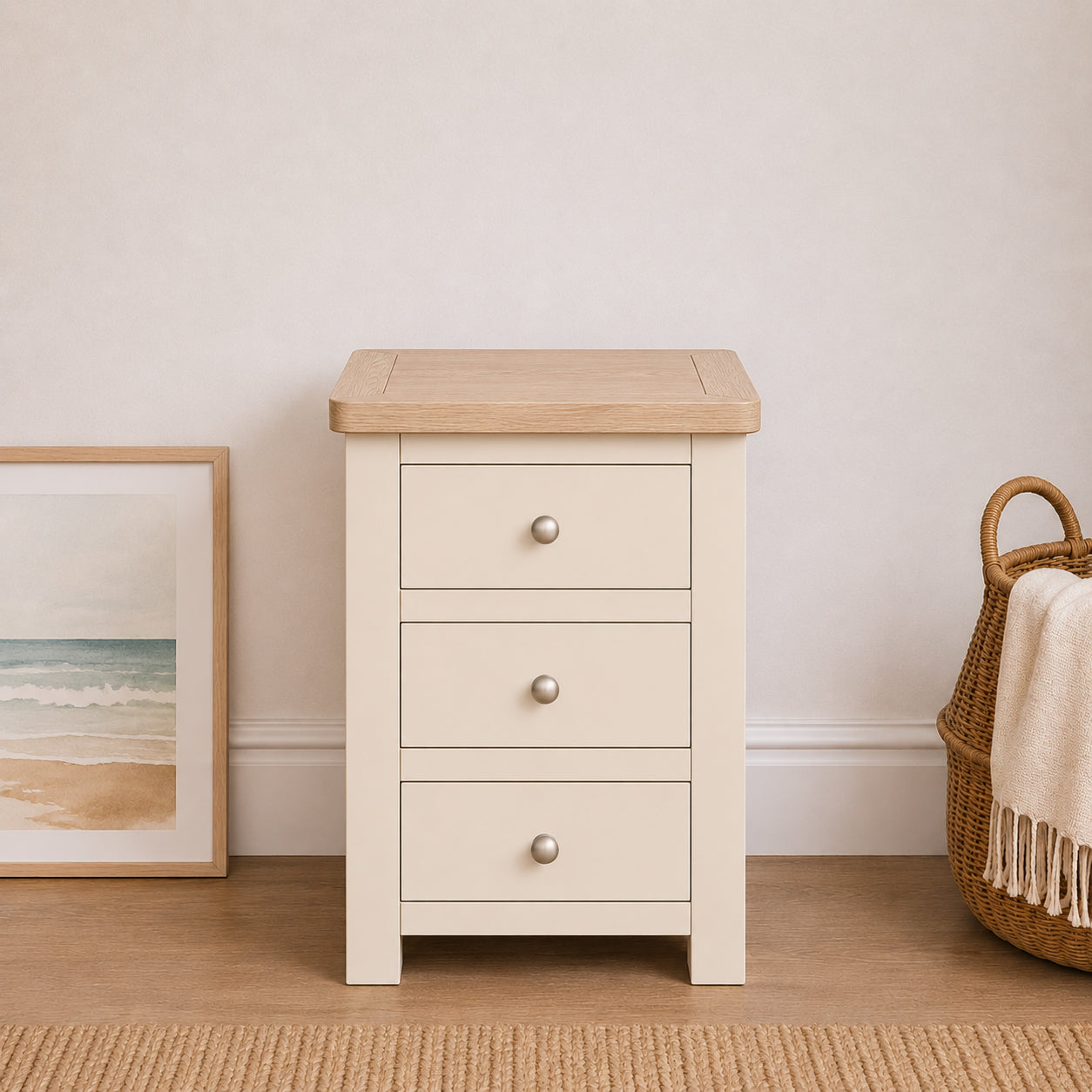 Manor Cream 3 Drawer Bedside Table with Oak Top