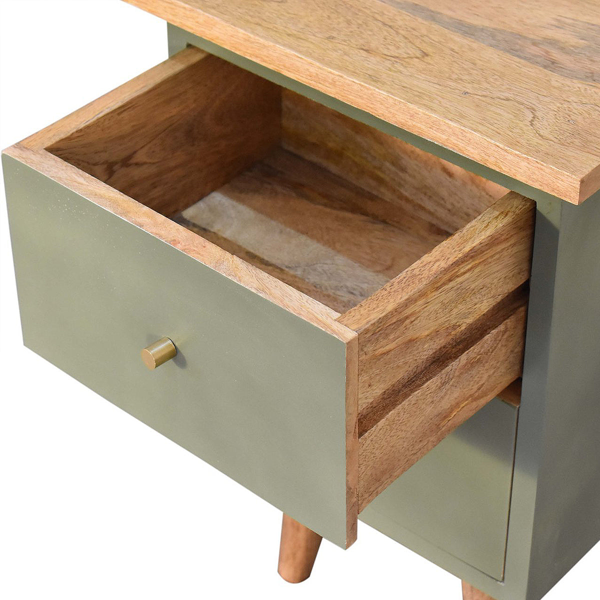 Olive Green Hand Painted Artisan Bedside Table / Mango Wood