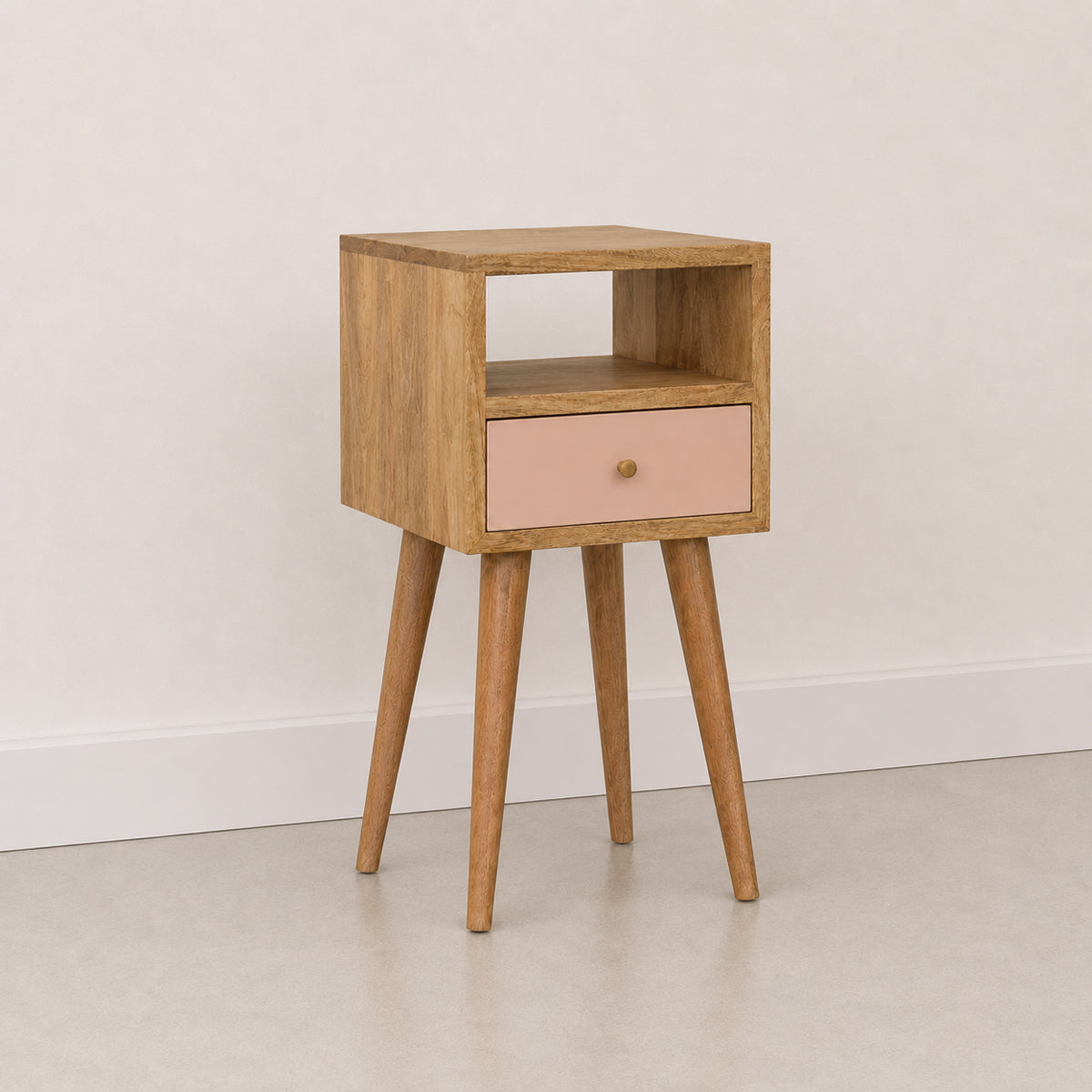 Mini Oak-ish Bedside Table - Blush Pink Drawer