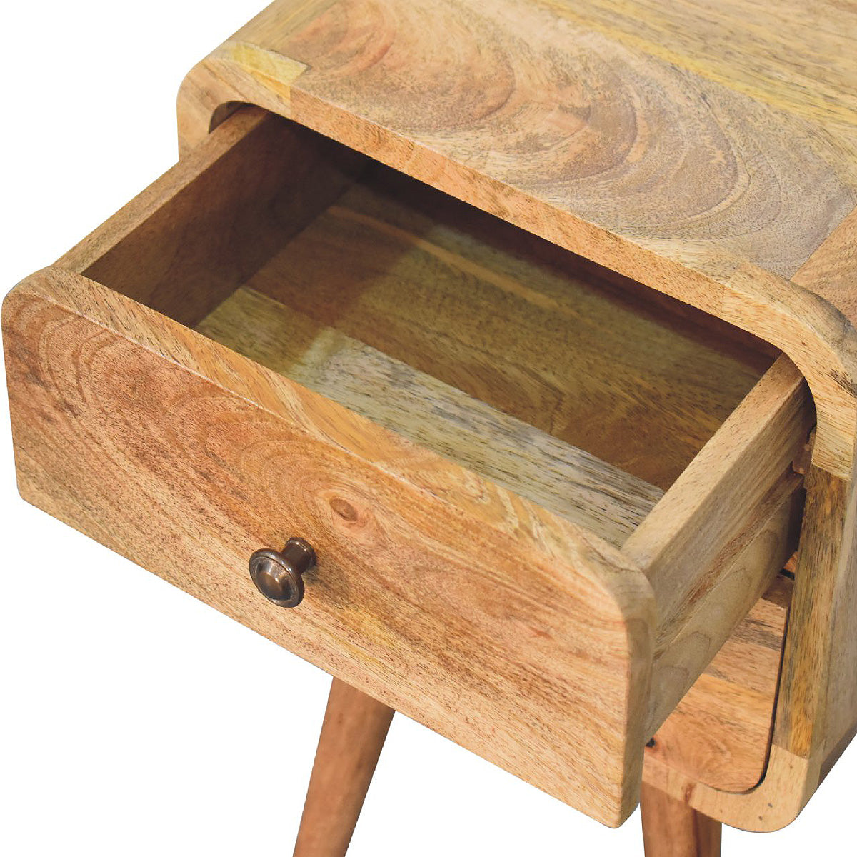 Mini Oak-Ish Curved Bedside Table / 2 Drawers