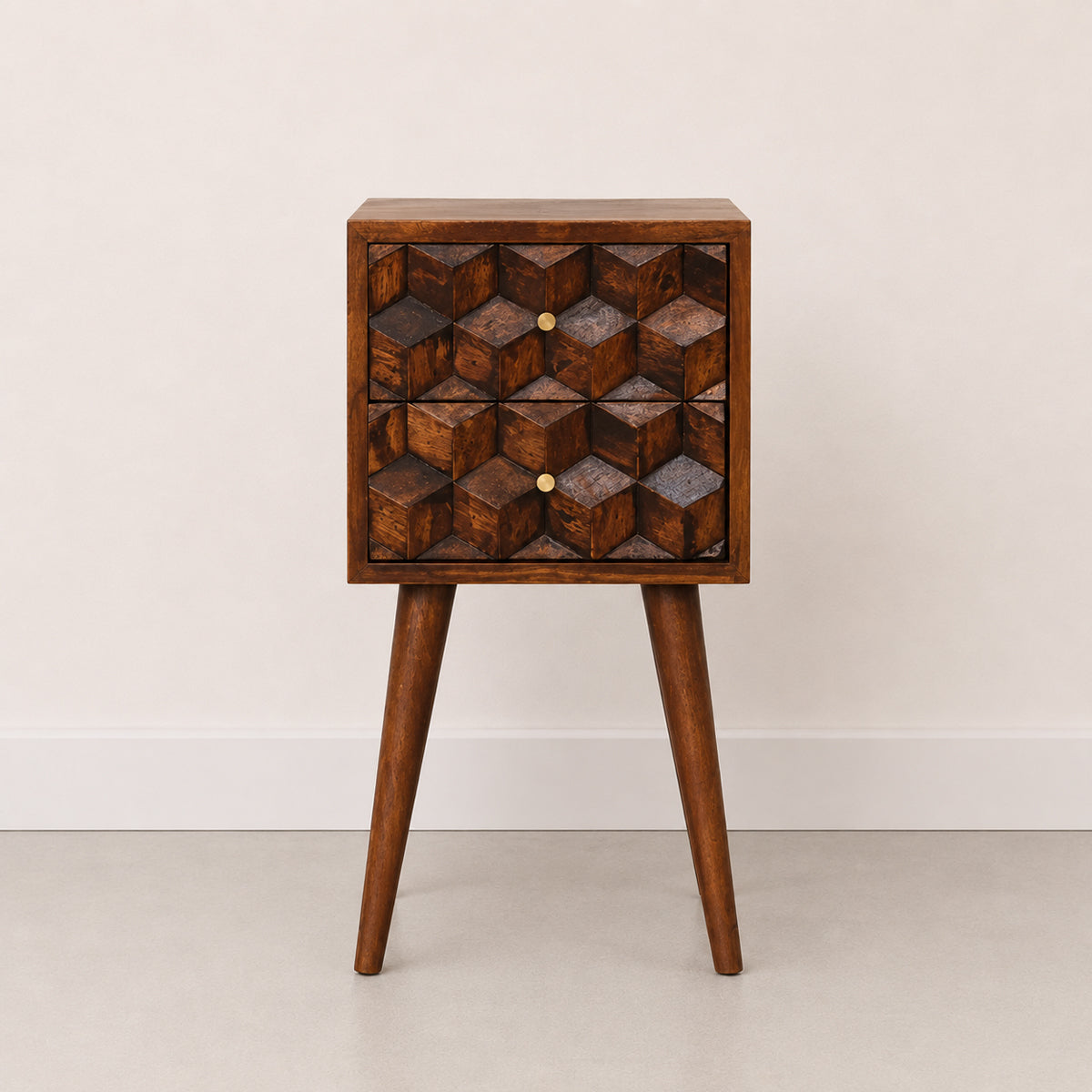 Mini Cube Chestnut Bedside with Carved Drawers / Mango Wood