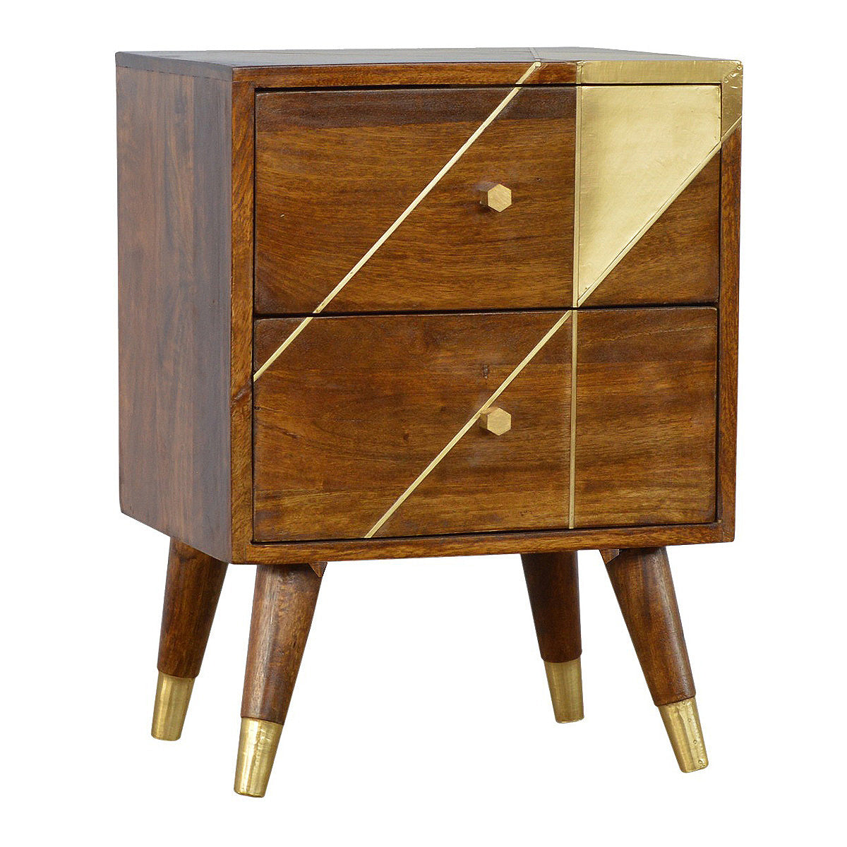 Gold Geometric Chestnut Bedside Table / Mango Wood
