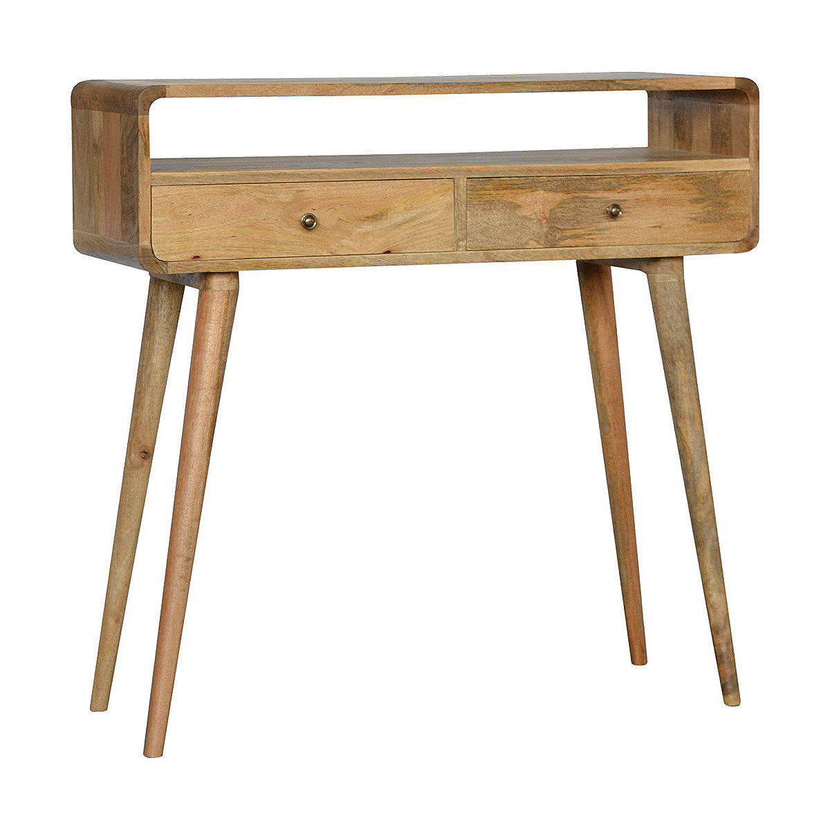 Curved Oak-ish Open Console Table / 2 Drawers