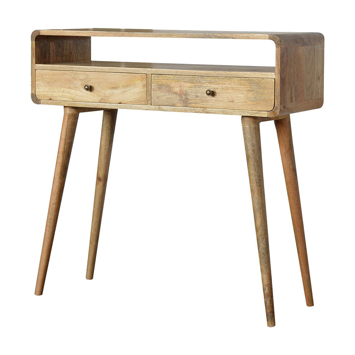 Curved Oak-ish Open Console Table / 2 Drawers