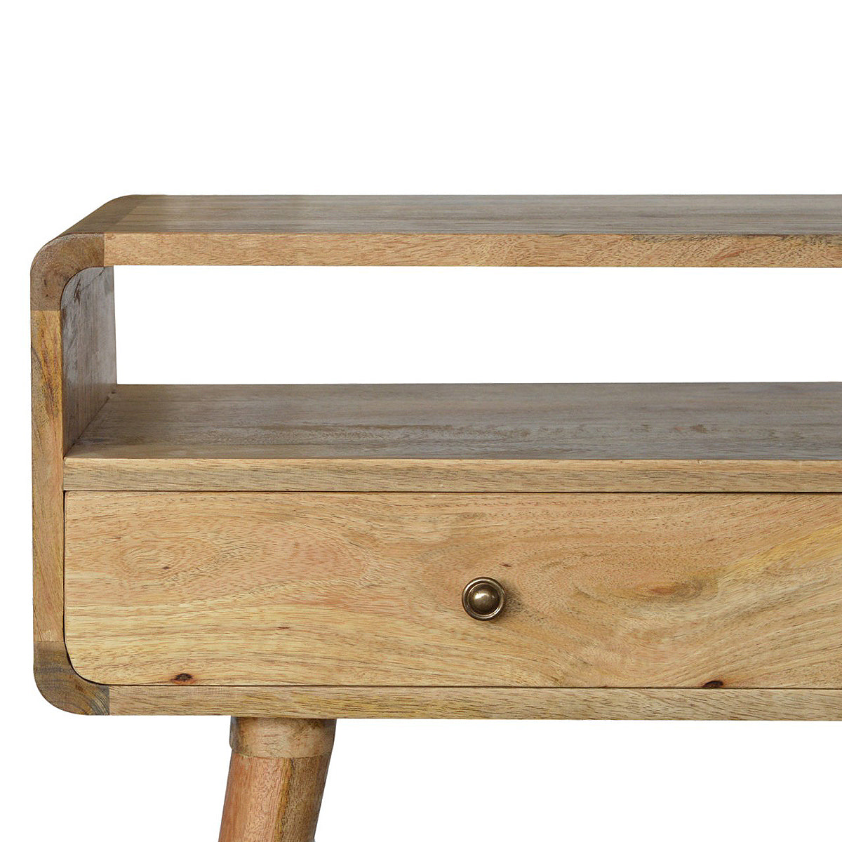 Curved Oak-ish Open Console Table / 2 Drawers