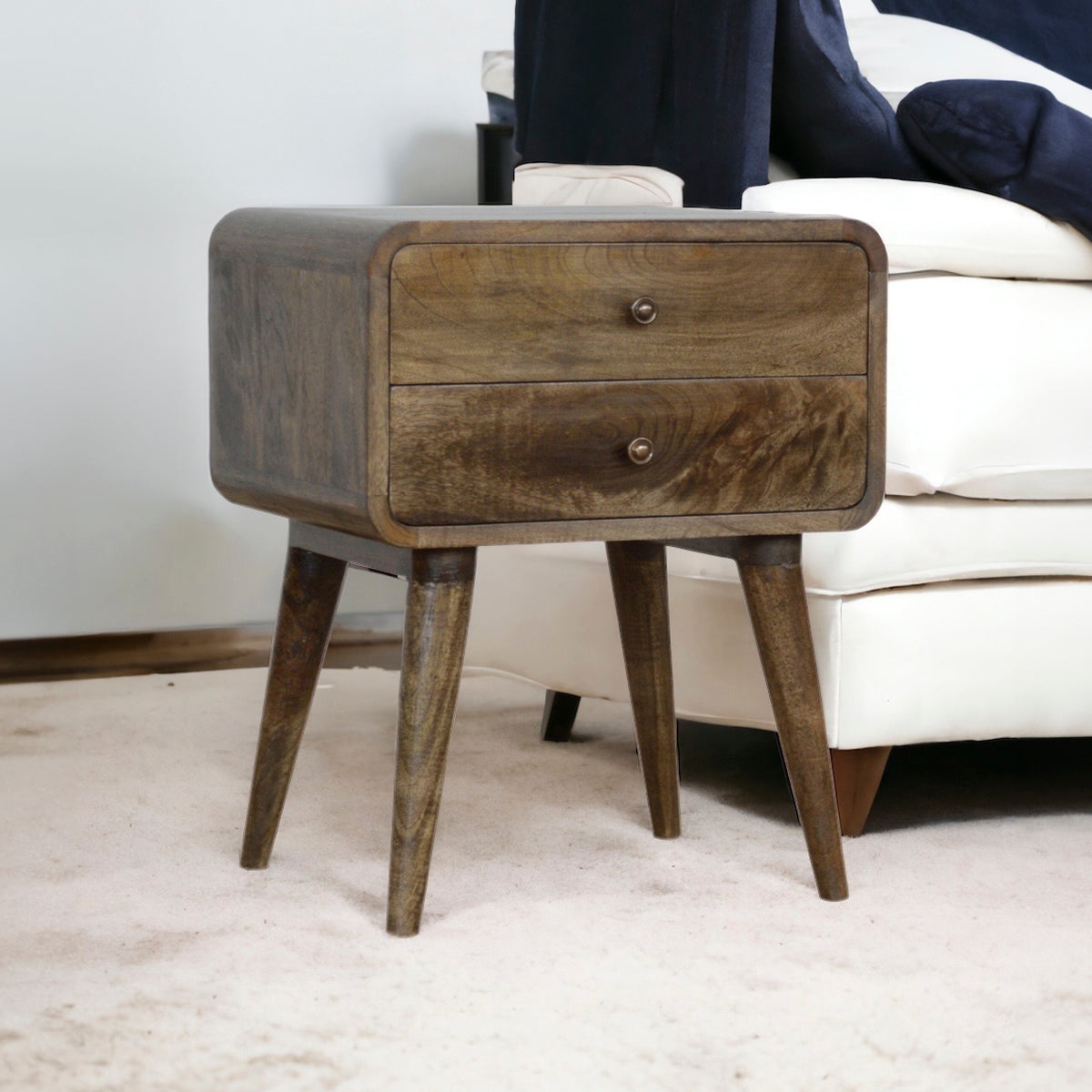 Curved Grey Washed Bedside Table / Mango Wood