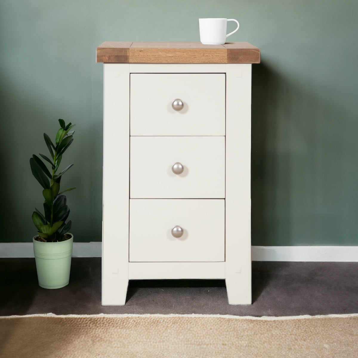 Chunky Ivory Bedside Table with Oak Top / Side Table / 3 Drawers