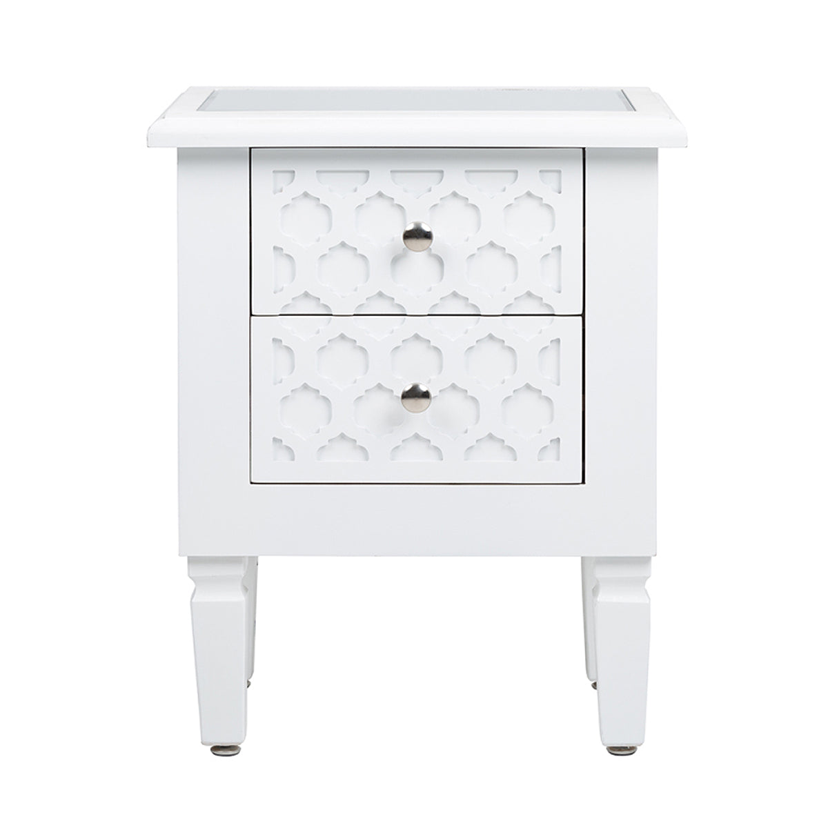Casablanca White 2 Drawer Bedside Table with Glass Top