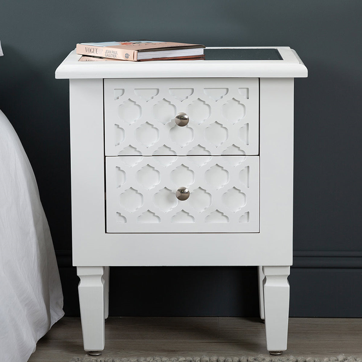 Casablanca White 2 Drawer Bedside Table with Glass Top