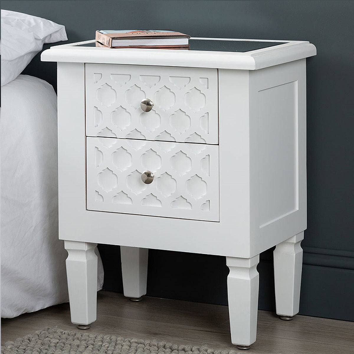 Casablanca White 2 Drawer Bedside Table with Glass Top