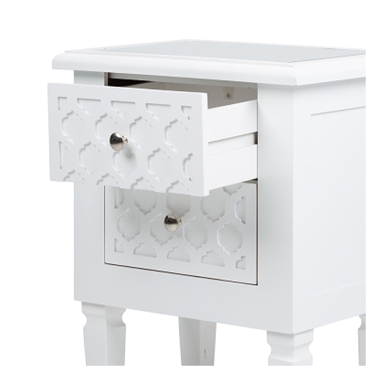 Casablanca White 2 Drawer Bedside Table with Glass Top
