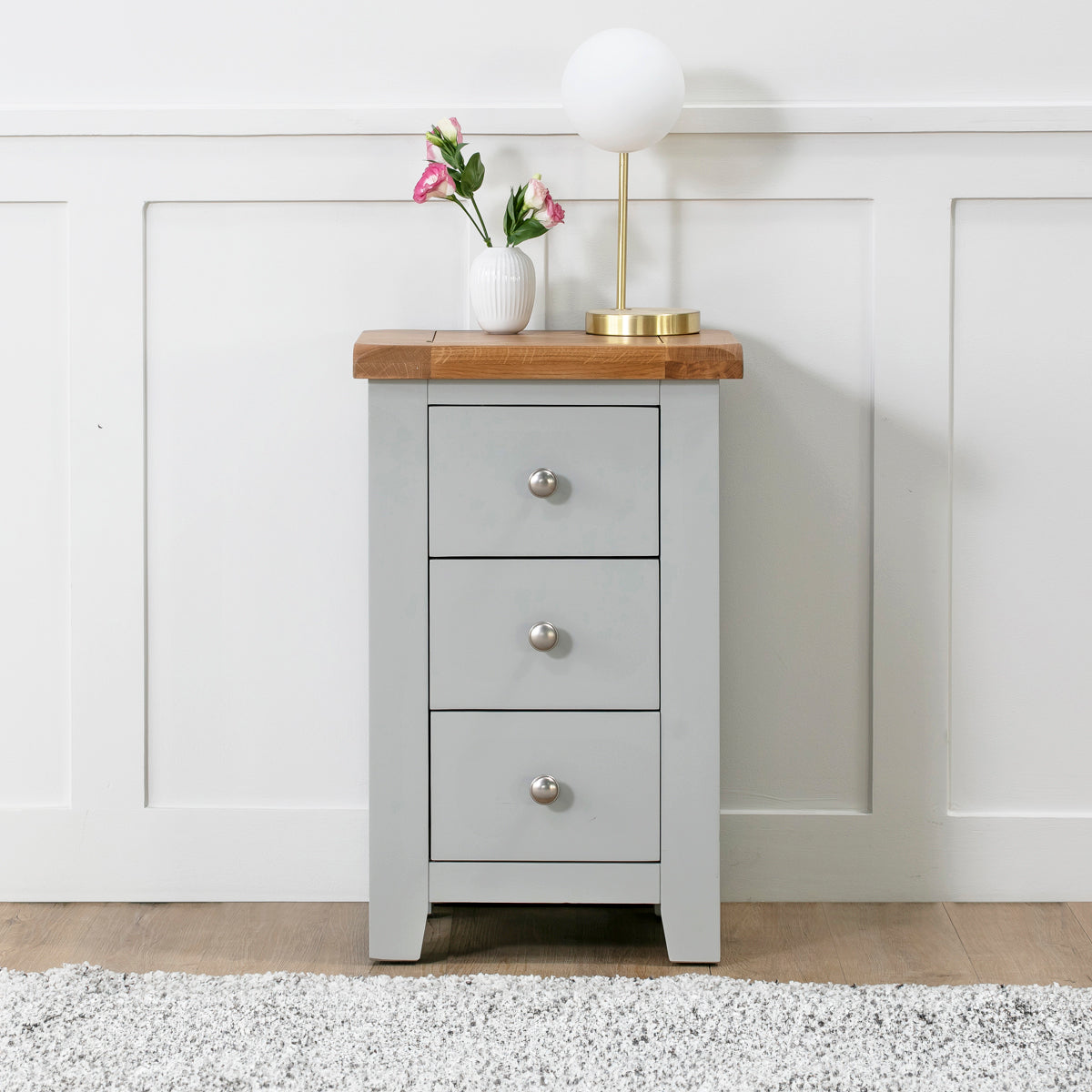 Chunky French Grey Bedside Table with Oak Top / Side Table / 3 Drawers