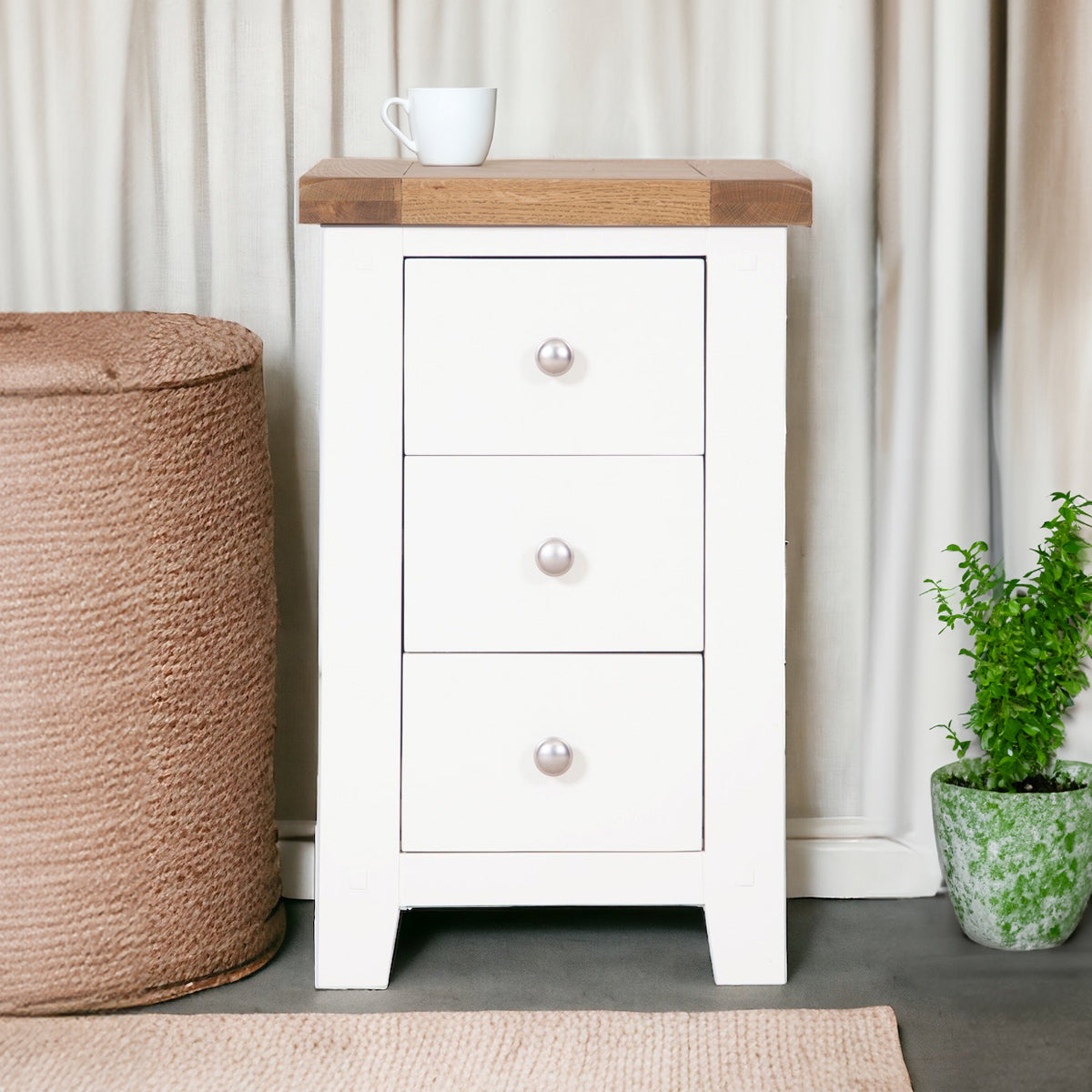 Chunky White Bedside Table with Oak Top / Side Table / 3 Drawers