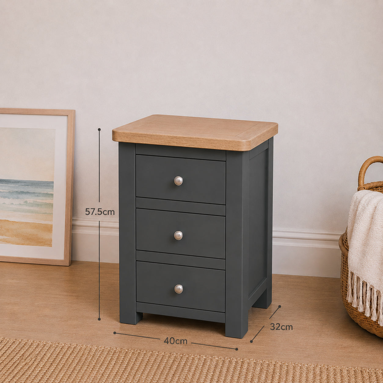 Manor Charcoal 3 Drawer Bedside Table with Oak Top