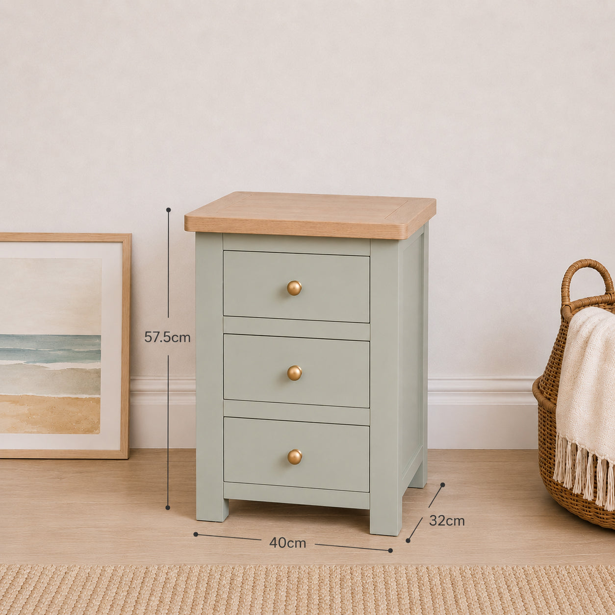 Manor Pale Green 3 Drawer Bedside Table with Oak Top