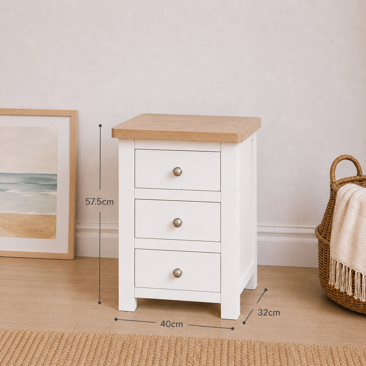 Manor White 3 Drawer Bedside Table with Oak Top