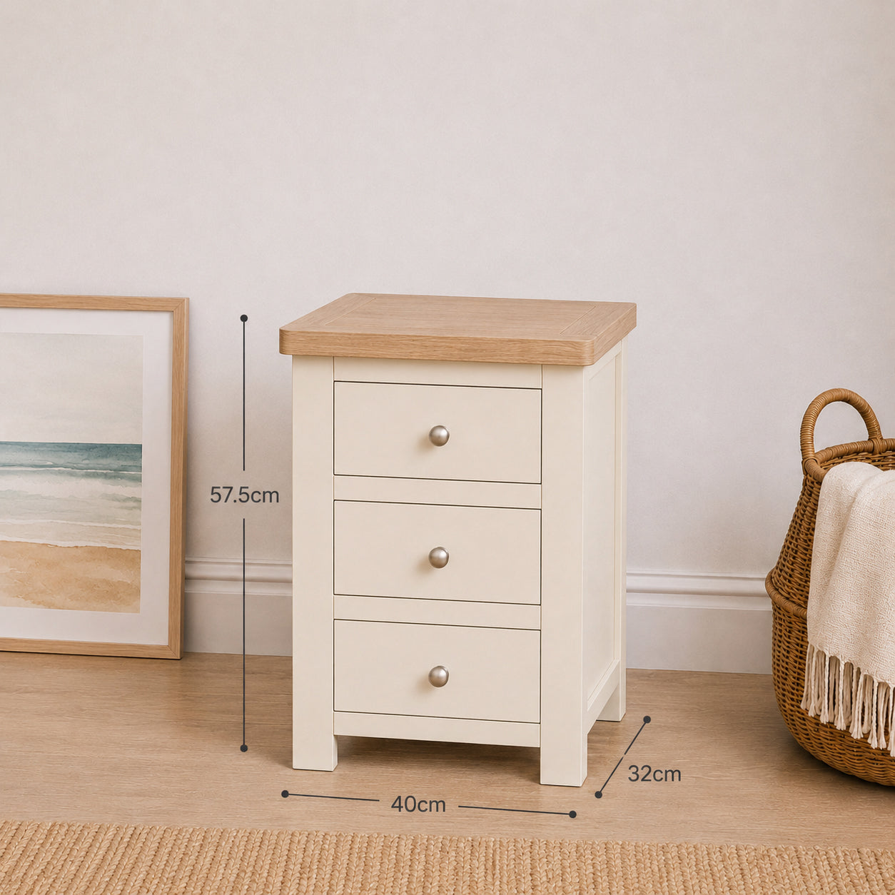 Manor Cream 3 Drawer Bedside Table with Oak Top