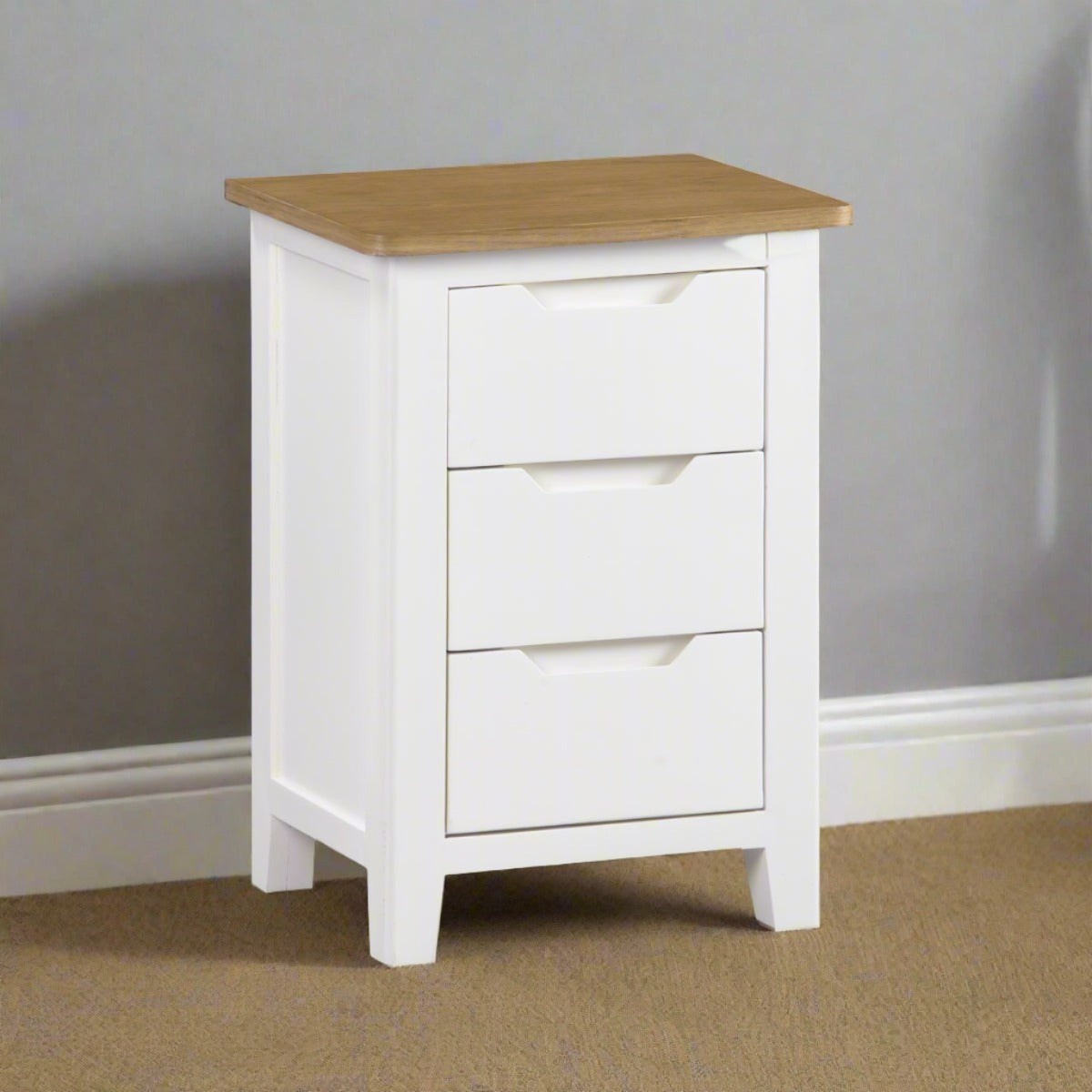 Darwin White 3 Drawer Bedside Table Oak Top Fully Assembled