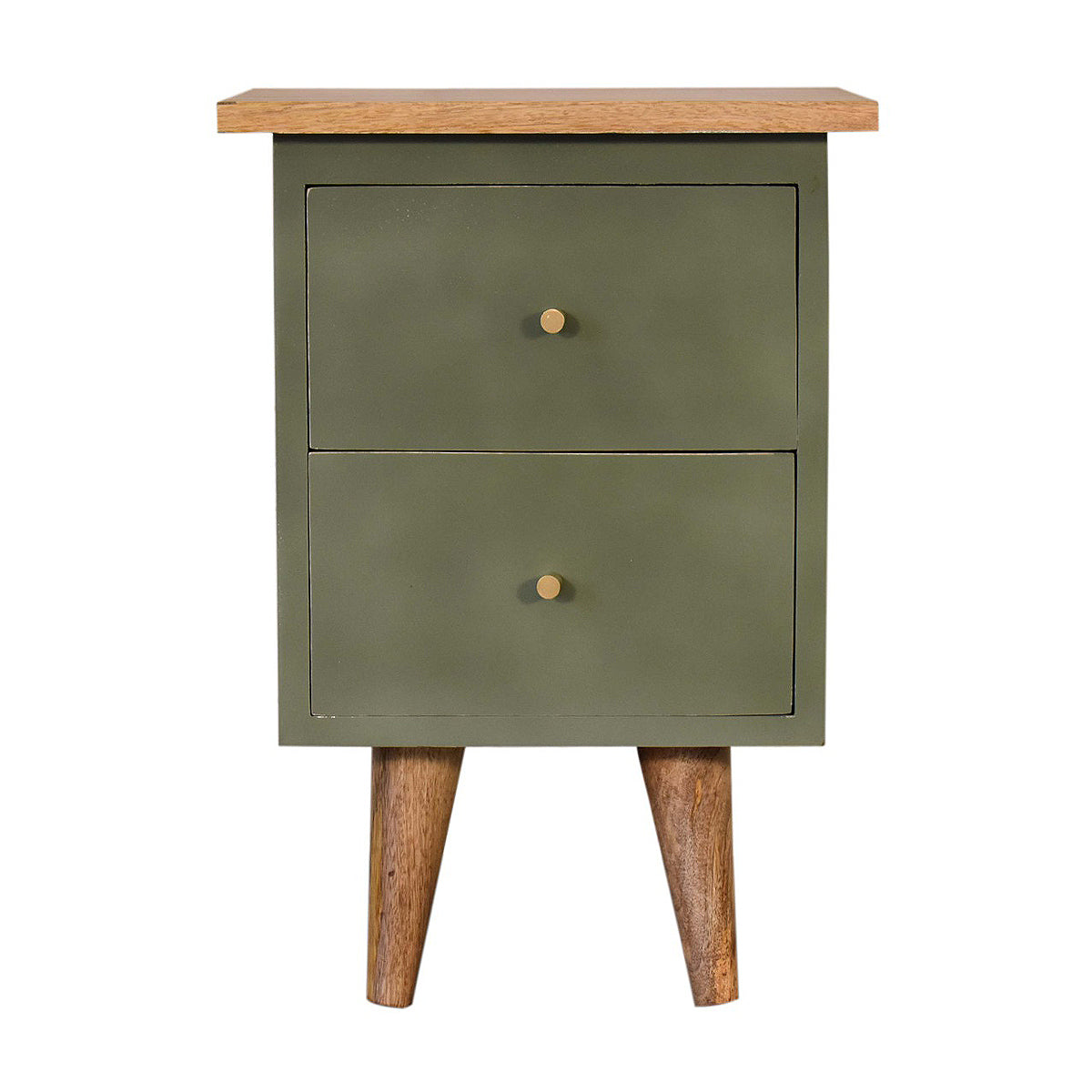 Olive Green Hand Painted Artisan Bedside Table / Mango Wood
