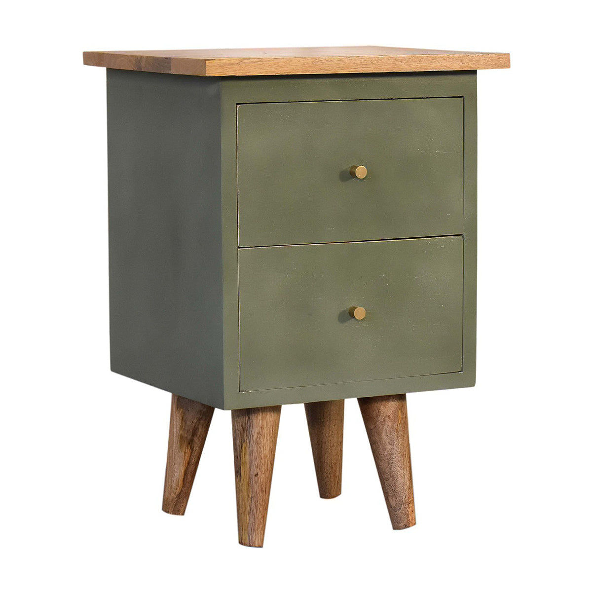 Olive Green Hand Painted Artisan Bedside Table / Mango Wood