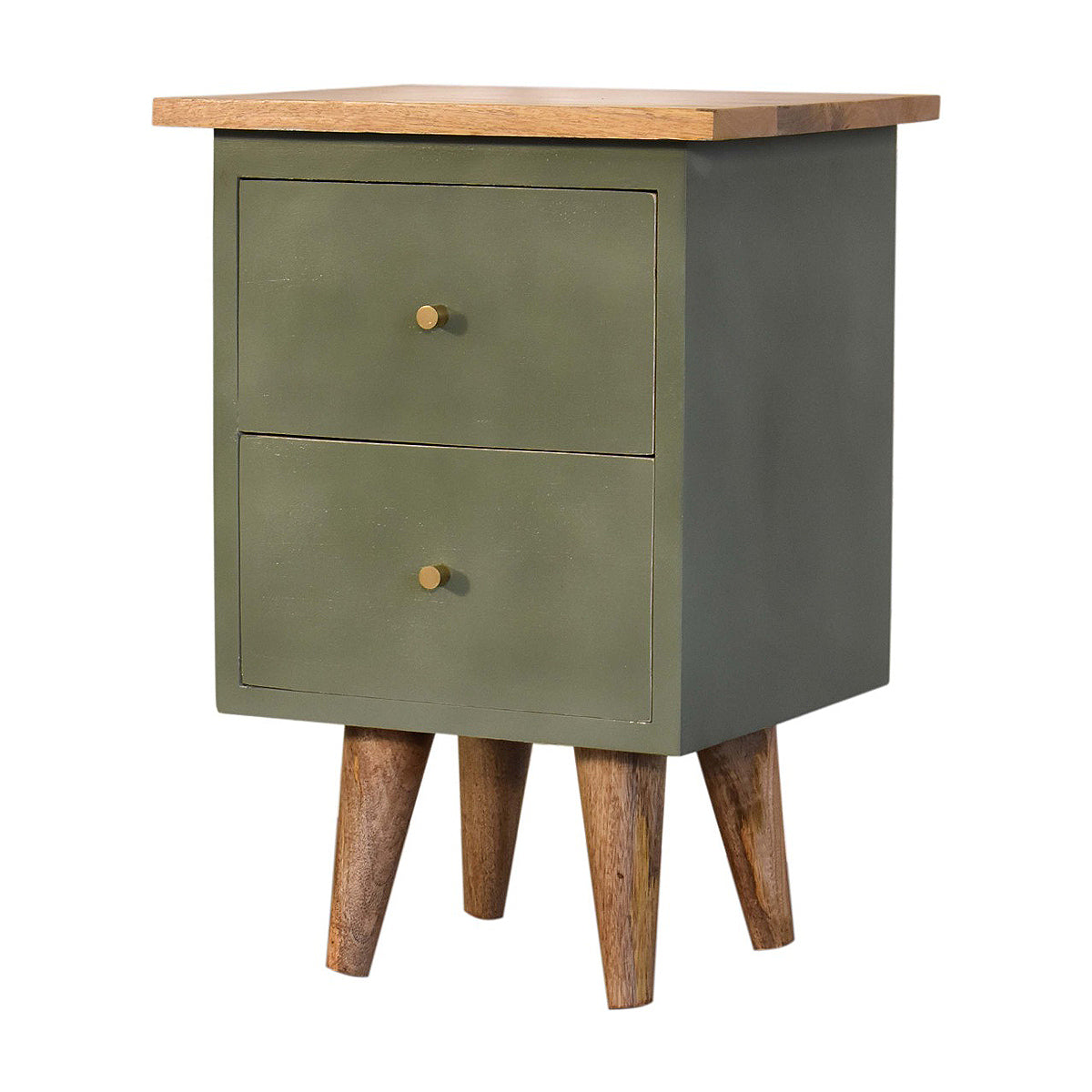 Olive Green Hand Painted Artisan Bedside Table / Mango Wood
