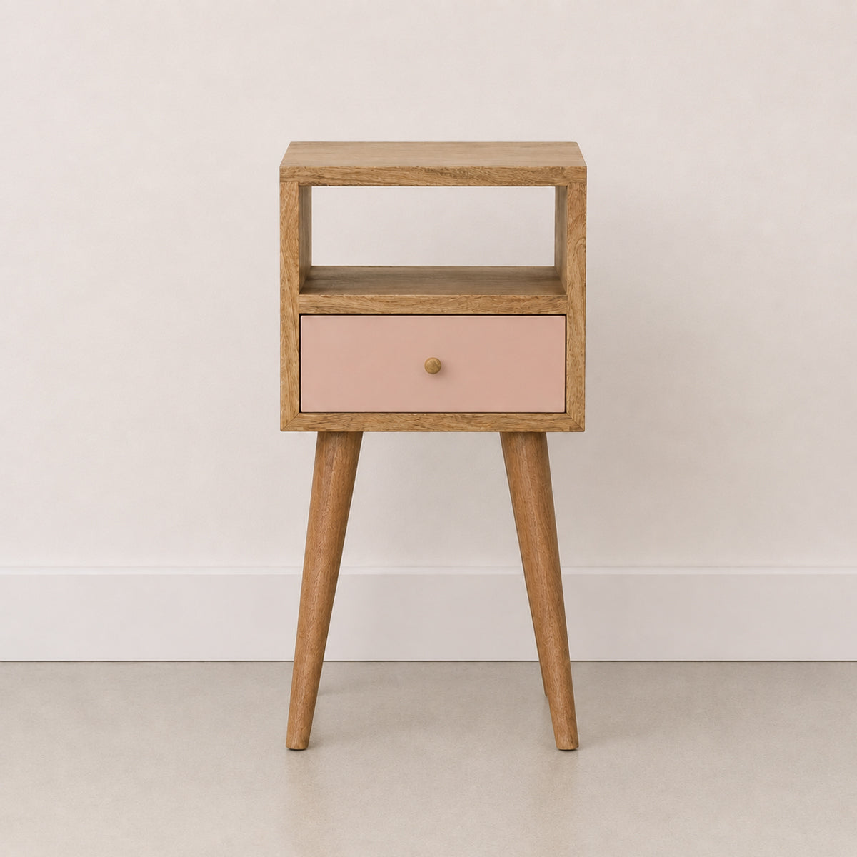 Mini Oak-ish Bedside Table - Blush Pink Drawer