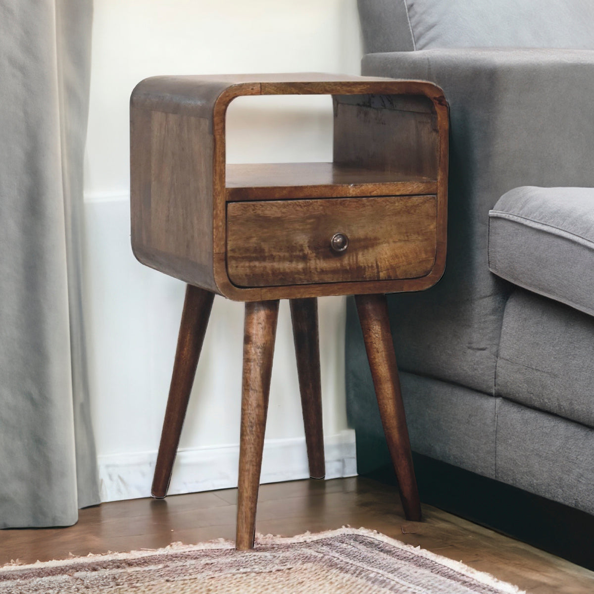 Mini Curved Grey Washed Bedside Table