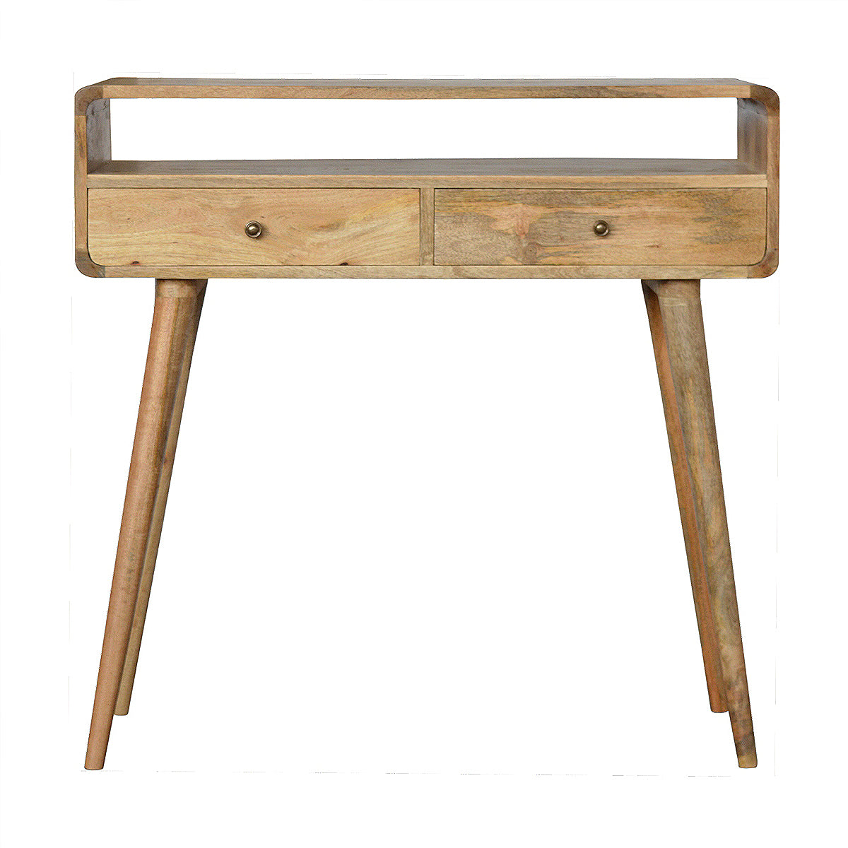 Curved Oak-ish Open Console Table / 2 Drawers
