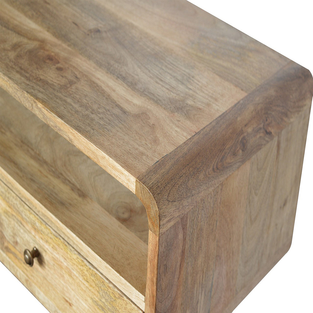Curved Oak-ish Open Console Table / 2 Drawers