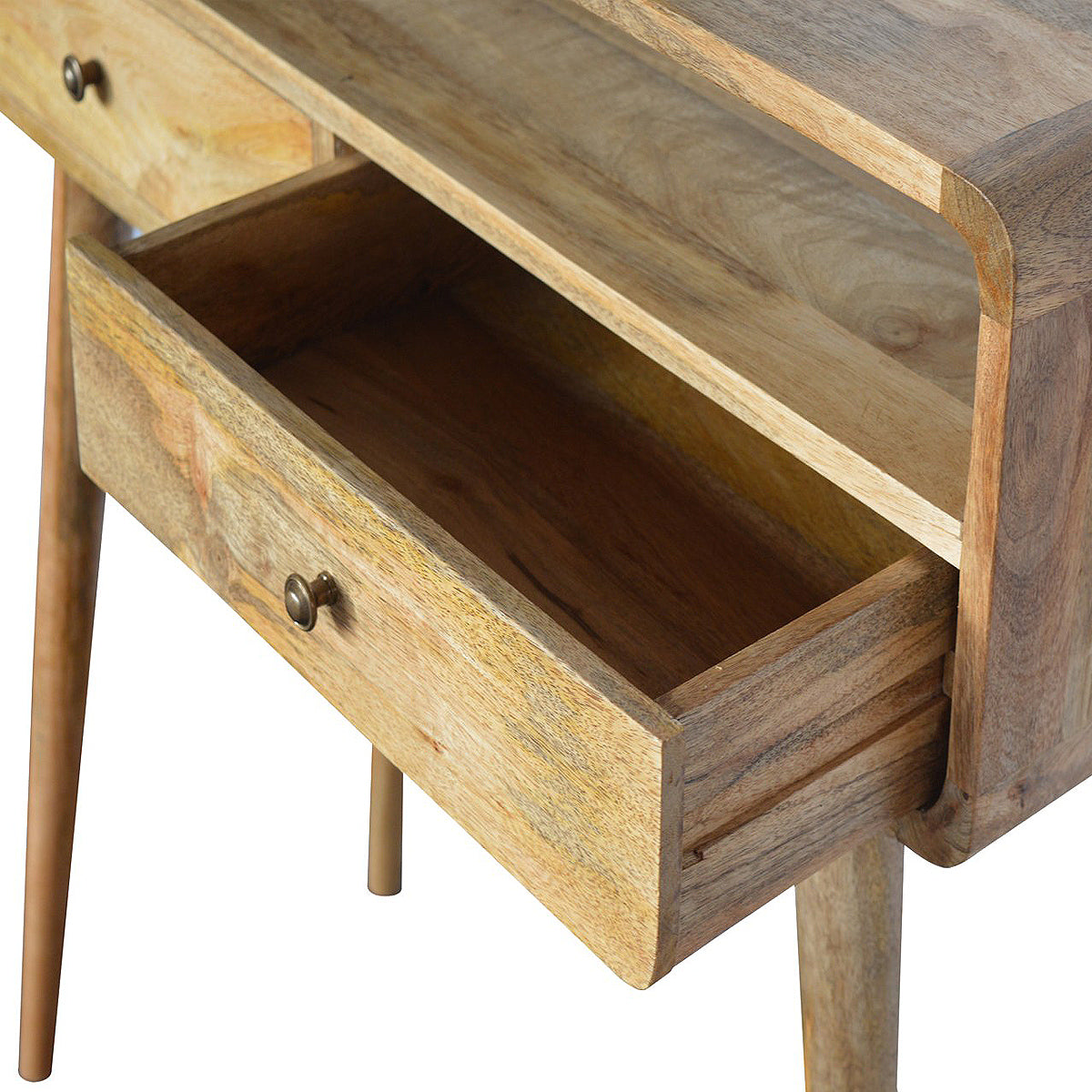 Curved Oak-ish Open Console Table / 2 Drawers