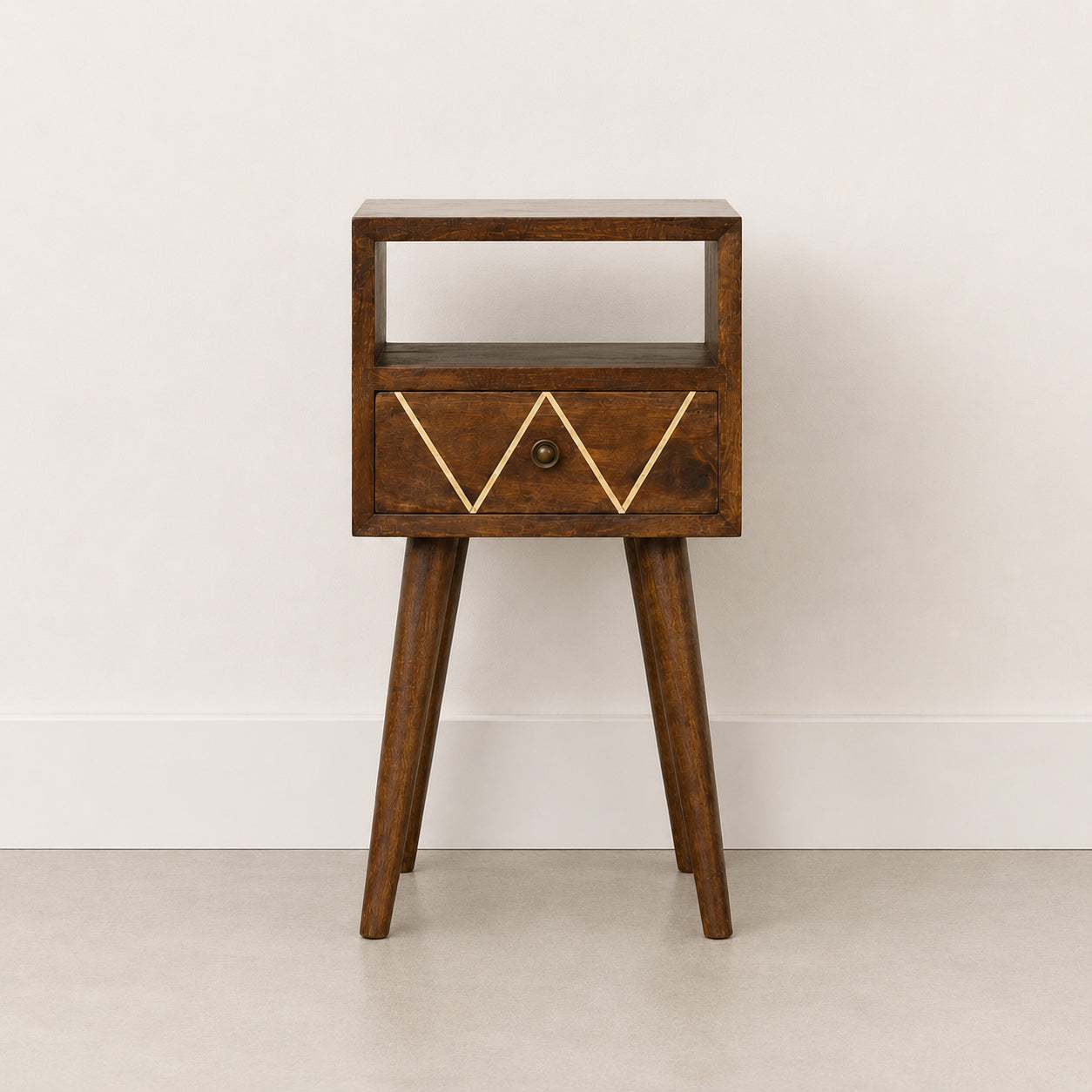 Mini Geometric Brass Inlay Chestnut Bedside Table