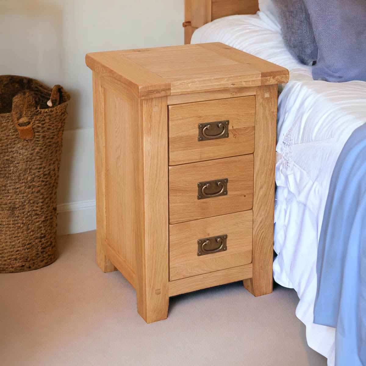 Cornish Rustic Oak 3 Drawer Bedside Table