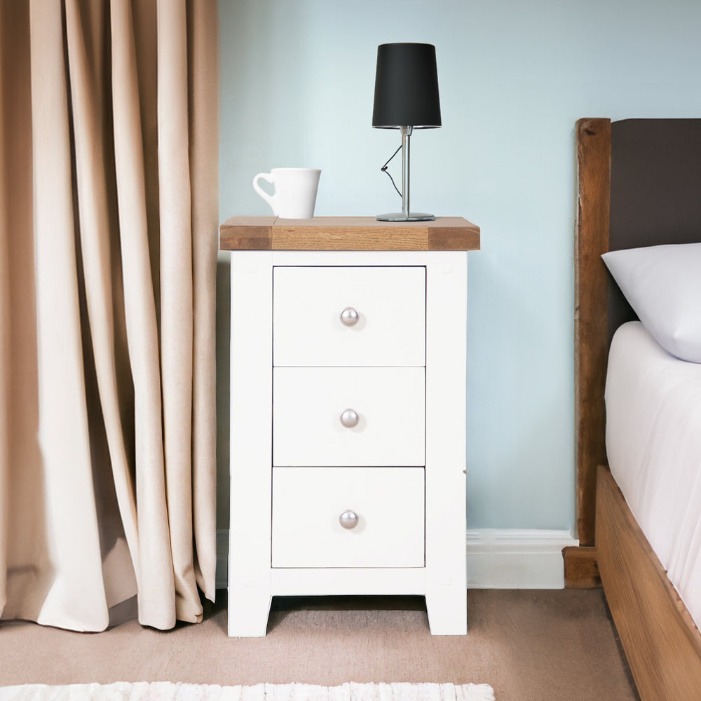 Chunky White Bedside Table with Oak Top / Side Table / 3 Drawers